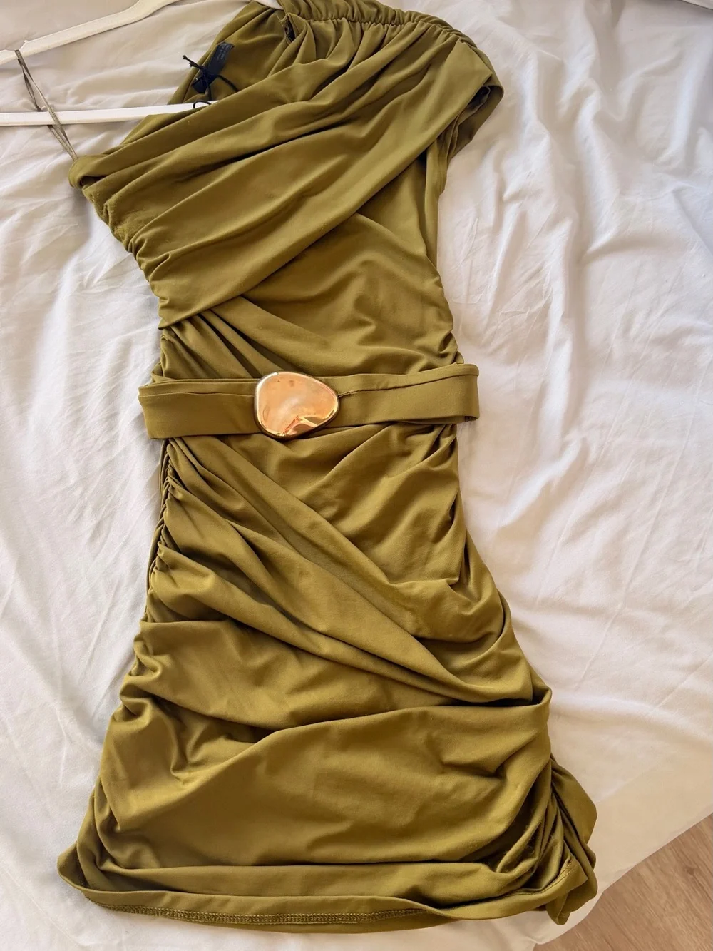 Zara Olive One-Shoulder Ruched Dress with Gold Accent